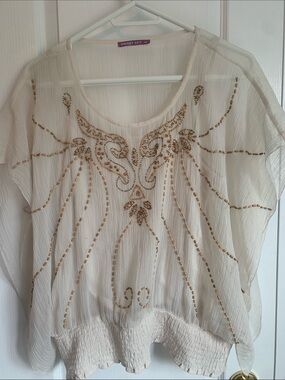 Smart Set Cream Sheer Tunic with Gold Bead Design